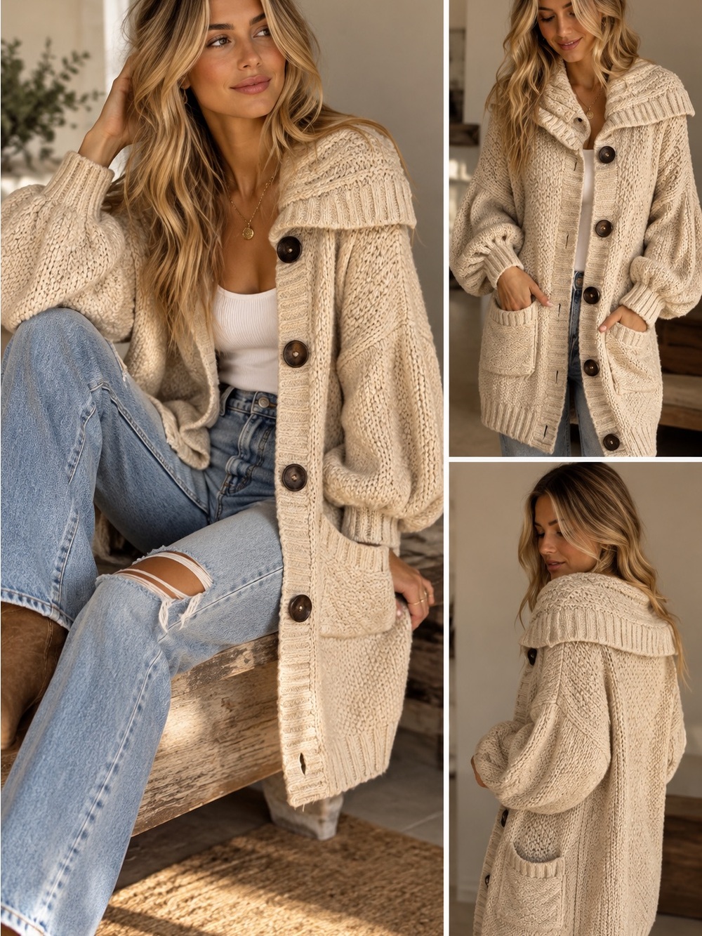 Free People Chunky Cream Button-Front Knit Cardigan